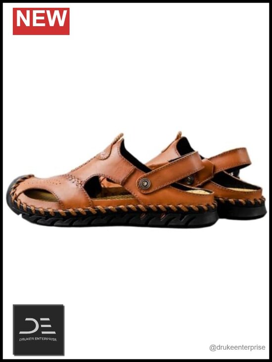 Men\'s Closed Toe Leather Strap Sandals Non-Slip Summer Beach Flat Shoes for